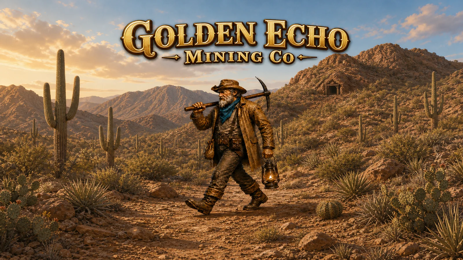 Golden Echo Mining Co. — a desert mining town with a rocket above a deep tiled mine full of gems, crystals, and a mysterious pink swirl